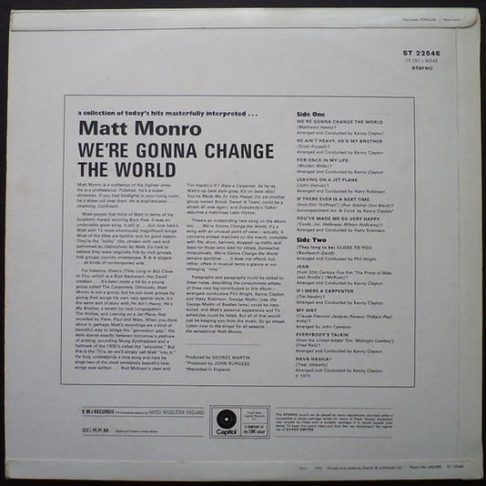 Matt Monro – We're Gonna Change The World (Vinyl, LP, Album, Stereo) - Image 2