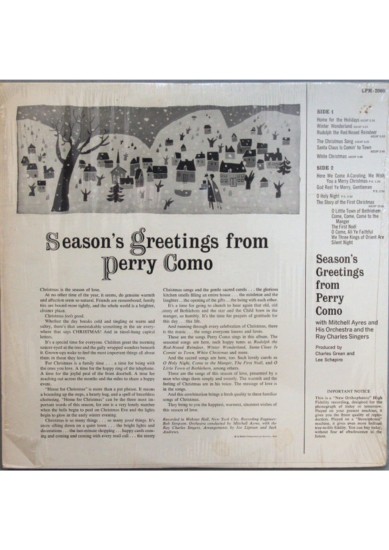 Perry Como – Season's Greetings From Perry Como (Vinyl, LP, Album, Reissue, Mono, Rockaway Pressing) - Image 2