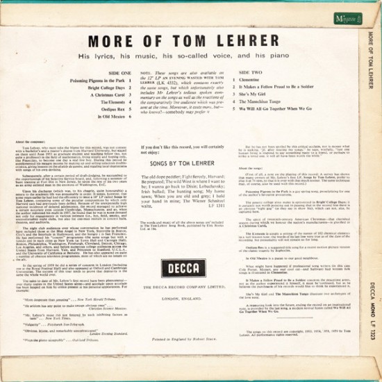 Tom Lehrer – More Of Tom Lehrer (Vinyl, LP, 10", Mono) - Image 2