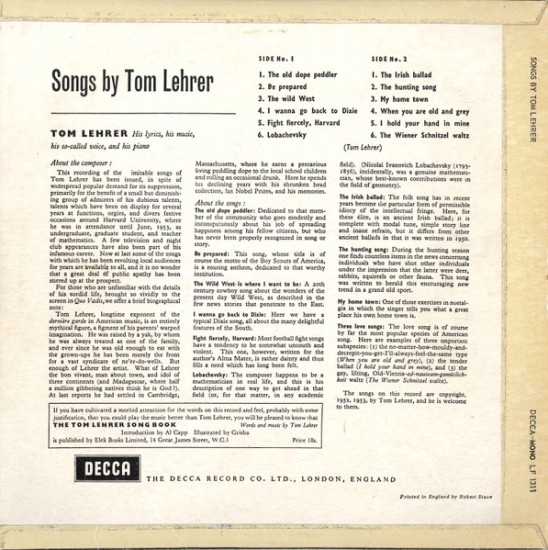 Tom Lehrer – Songs By Tom Lehrer (Vinyl, LP, 10", Repress, Mono) - Image 2