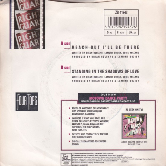 Four Tops – Reach Out I'll Be There ('88 Remix) (Vinyl, 7", 45 RPM, Single) - Image 2