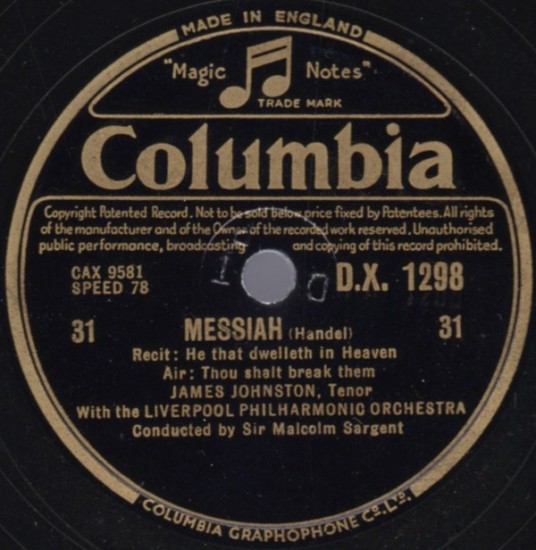 James Johnston With The Liverpool Philharmonic Orchestra Conducted By Sir Malcolm Sargent – Messiah (Shellac, 12", 78 RPM)
