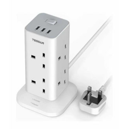 TESSAN Power extension tower 2 meters, 8 way + 3xUSB-A