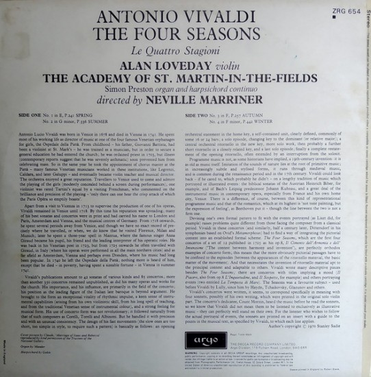 Vivaldi, Academy Of St. Martin-in-the-Fields, Neville Marriner With Alan Loveday – The Four Seasons (Vinyl, LP, Stereo) - Image 2