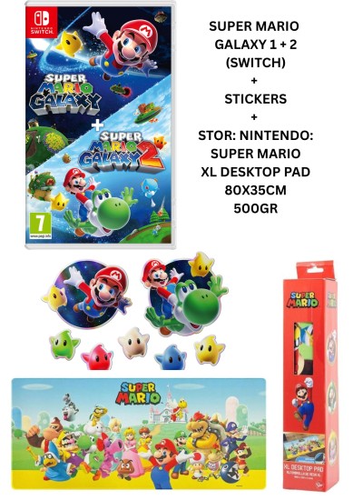 SUPER MARIO GALAXY 1 + 2 (SWITCH) + STICKERS + SUPER MARIO XL DESKTOP PAD