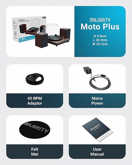 MAJORITY TURNTABLE MOTO PLUS INCL. 60W SPEAKERS & AUDIO TECHNICA CARTRIDGE - Image 2