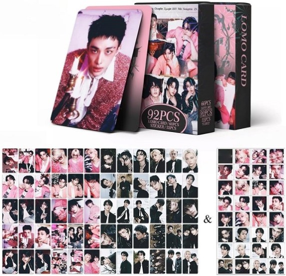 Stray-Kids SKZ 92 Pieces 'Do It' Photo Cards 60 Pieces Postcards + 32 Pieces Stickers New Album Cards Felix Bangchan Hyunjin Photo Cards (Pink)