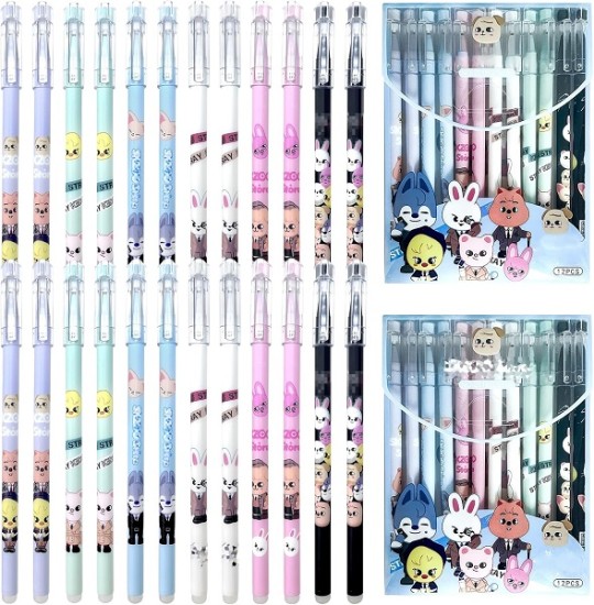 Stray Set of 24 Gel Pens, Kawaii Skzoo Erasable Ballpoint Pens, 2 Assorted Ink Colours