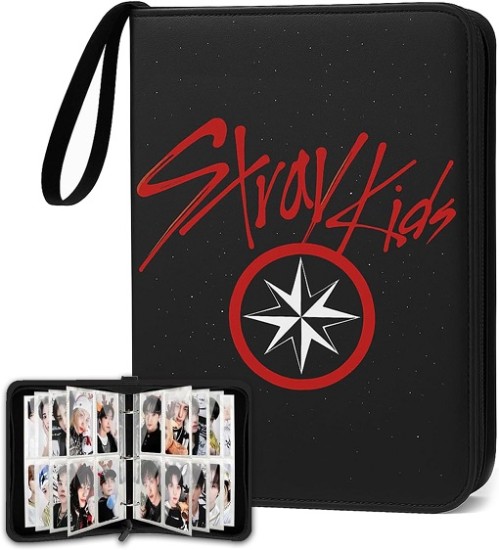 Stray Kids Photocard Binder 400 Pockets, 3 Ring Kpop Binder with 4 Pockets, Total 50 Pages Cute Cartoon Card Collector, Idol Photo Album for Kpop Fans, Boys and Girls, Black