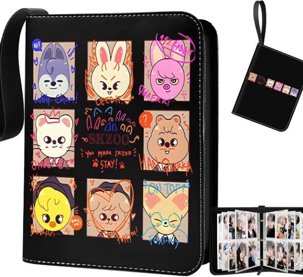 Stray Kids Photo Cards 400 Pockets, Kpop Scrapbook with 4 Compartments, Total 50 Pages, Cute Cartoon Photo Card Folder, Idol Cartoon Photo Protective Album, Gifts for Boys and Girls (Black)