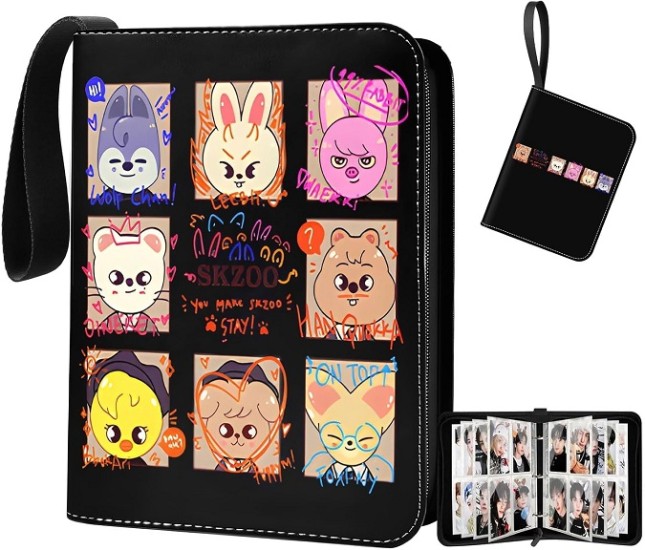 Stray Kids Photo Cards 400 Pockets, Kpop Scrapbook with 4 Compartments, Total 50 Pages, Cute Cartoon Photo Card Folder, Idol Cartoon Photo Protective Album, Gifts for Boys and Girls (Black)